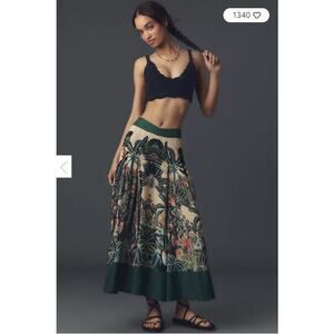 Farm Rio Skirt Womens Large Jungle Print V Waist Midi Green Tropical Boho Chic